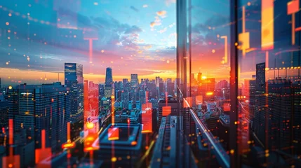 Foto op Aluminium The vibrant hues of a sunset reflect on the glass windows of a skyscraper, overlooking a bustling cityscape alive with evening lights. © Rattanathip