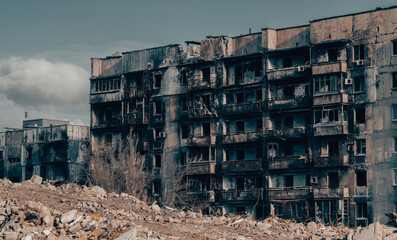 destroyed and burned houses in the city Russia Ukraine war