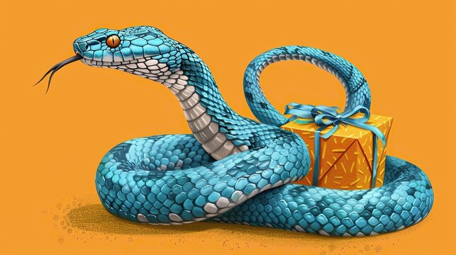A digital illustration of a blue snake coiled around a golden gift box