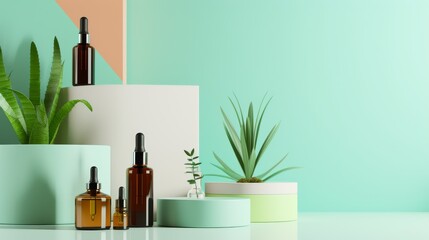 A sleek display of beauty products with glass bottles and greenery against a geometric backdrop, evoking a sense of calm sophistication. Ideal for branding and wellness themes.