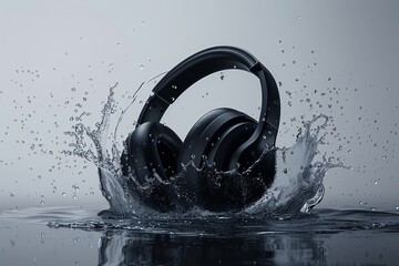 a black headphones splashing into water - Powered by Adobe