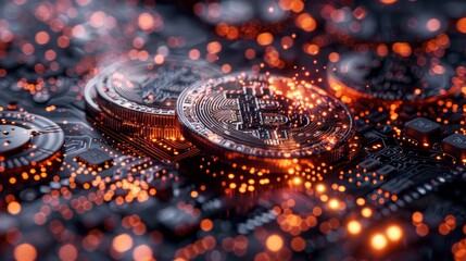 Bitcoin tokens lie on an intricate circuit board, glowing with orange light, representing the cutting-edge intersection of digital currency and blockchain technology. - obrazy, fototapety, plakaty