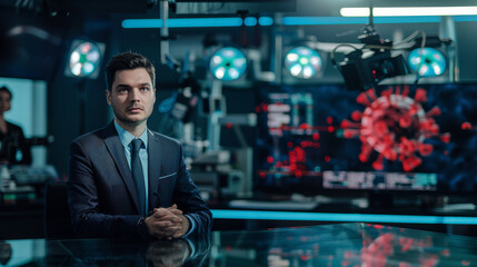 Confident News Anchor Preparing for Broadcast, A professional male news anchor reviews notes before going live on a vibrant, high-tech news set