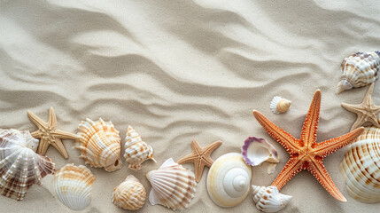 Fototapeta na wymiar Seashells and starfish on sand background. Summer concept