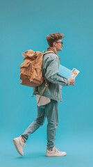 Full length view of young man with backpack and book walking on blue