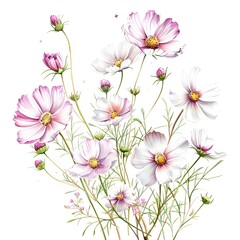 Delicate Watercolor Cosmos Flowers in Soft Pink and White Shades Blooming in an Elegant Floral Arrangement