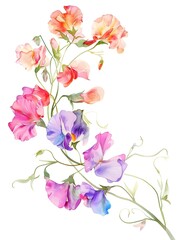 Delicate Watercolor Sweet Pea Floral Arrangement with Pastel-Hued Blooms and Curling Tendrils