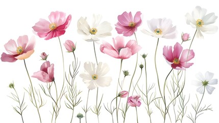 Obraz na płótnie Canvas Delicate Watercolor Cosmos Flowers in Soft Pink and White Hues