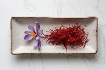 Red stigma saffron spice with purple colored crocus flower in white plate | food coloring, and...