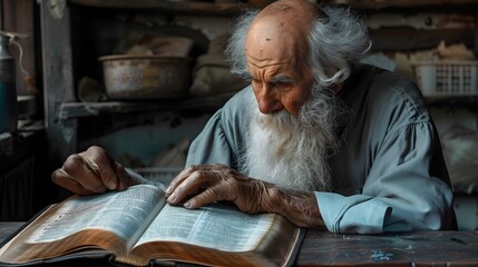 Elderly Bearded Man Praying and Studying Holy Bible Scriptures with Focused Reverence and Devotion - obrazy, fototapety, plakaty