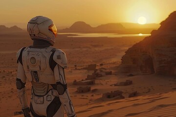 Robot exploring desert ruins, sunset, wide shot, isolation and ancient meets futuristic