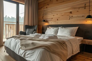 Modern loft style bedroom in apartment, comfortable double bed with bedding and minimalistic armchair against wooden wall, Generative AI