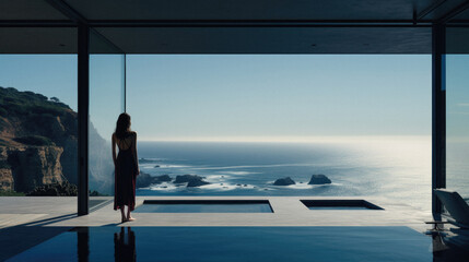 Plakat Woman looking out the window of a luxury villa overlooking the sea