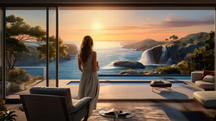  Young woman looking out the window in luxury villa with view on beautiful landscape © Art AI Gallery