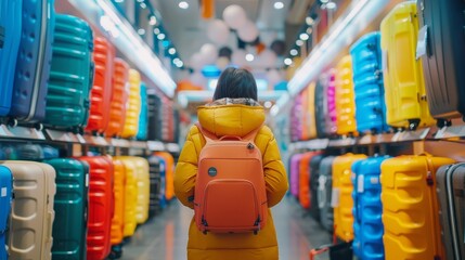 Person browsing colorful luggage selection in store