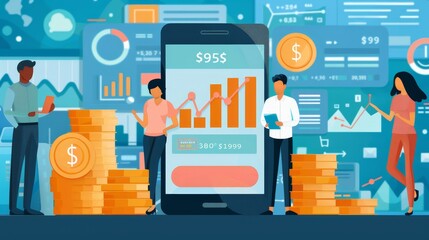 An animated financial team engages with data analytics and metrics displayed on a large smartphone, representing business performance analysis.