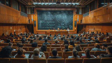 University Lecture Hall with Students and Professors, Students attentively listening to professors in a university lecture hall with a complex chalkboard diagram in the background.