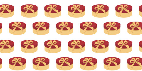Seamless pattern stylish round gift box with burgundy lid and gold bow. Vector graphic editable background for packaging, paper, banner, fashion, fabric, holiday