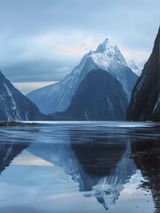 Majestic Mitre Peak Reflected in the Serene Waters of Milford Sound,South Island of New Zealand