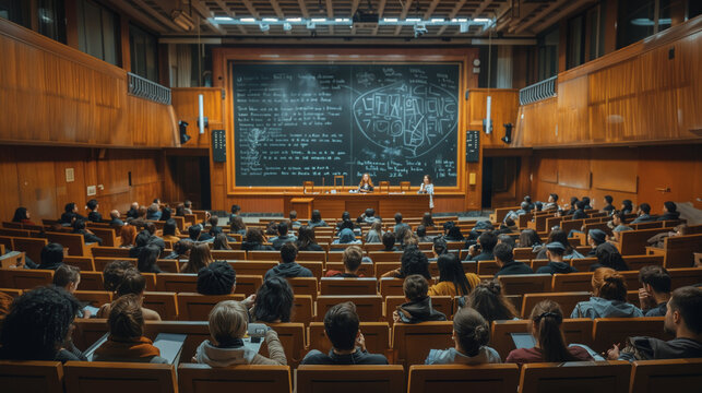 University Lecture Hall with Students and Professors, Students attentively listening to professors in a university lecture hall with a complex chalkboard diagram in the background.