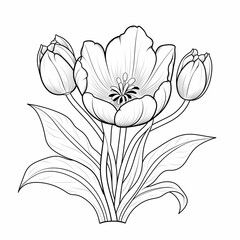 A simple black and white tulip ink coloring page for adult. Coloring book for kids. A beautiful Tulip outline botanical illustration for postcard, label,  logo, tattoo, woodcut, and your diy projects