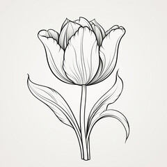 A simple black and white tulip ink coloring page for adult. Coloring book for kids. A beautiful Tulip outline botanical illustration for postcard, label,  logo, tattoo, woodcut, and your diy projects