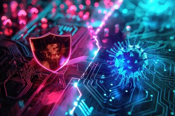 Computer antivirus defend against computer virus - obrazy, fototapety, plakaty