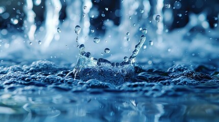 A high-speed capture of a water splash, with droplets suspended in motion over a serene blue water surface.