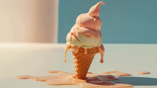 A close-up of an ice cream cone dripping with melting scoops under the summer sun,