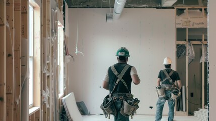 Builders install drywall for interior partition