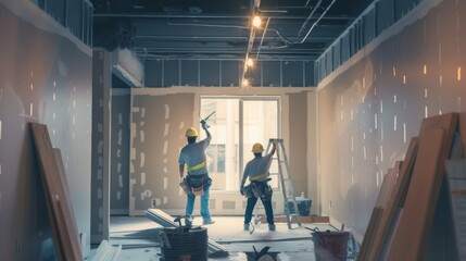Builders install drywall for interior partition
