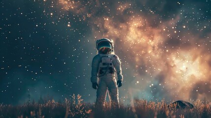A solitary astronaut stands in a dreamlike meadow, gazing at the cosmos, evoking a sense of exploration and wonder. - obrazy, fototapety, plakaty