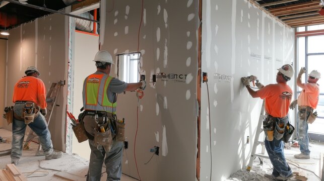 Builders install drywall for interior partition