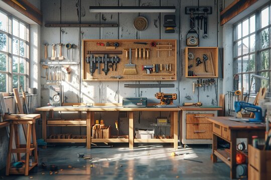 DIY woodworking project in the garage, tools spread out, concentration, clear day , octane render