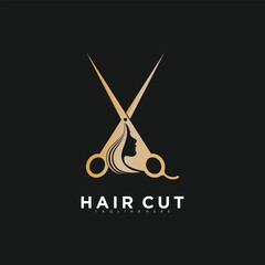 Beauty hair cut logo design vector for business with golden gradient color concept premium