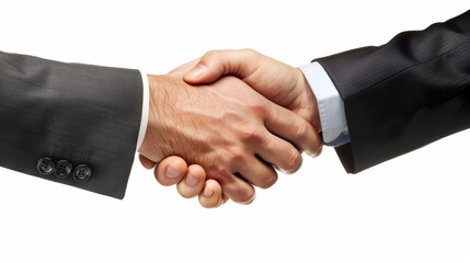 Business Handshake Sealing a Deal on White Background, Two businessmen engage in a firm handshake against a white background, symbolizing a professional agreement and partnership.