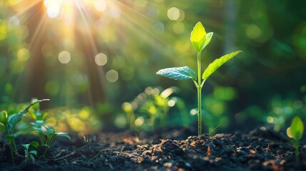 A young plant emerges from rich soil, bathed in the radiant glow of the morning sun, symbolizing new beginnings and growth.