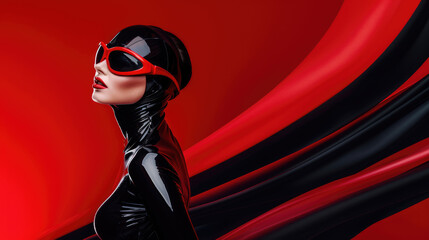 Woman in a beautiful latex suit on a black and red background