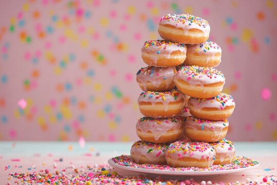 A tower of multiple donuts with sprinkles with pink background
