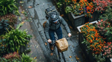 An overhead view of a delivery cyclist navigating through a flower-lined wet street, showcasing eco-friendly urban transportation.