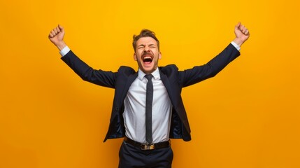 Businessman expressing excitement with his mouth agape and arms spread wide, depicting his joy and triumph - obrazy, fototapety, plakaty