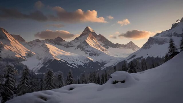 The Swiss Alps, Switzerland, Embrace the magic of winter in the Swiss Alps, with snow-capped peaks glowing in the soft light of dawn