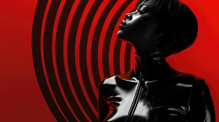 Woman in a beautiful latex suit on a black and red background - obrazy, fototapety, plakaty