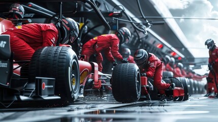Pit crews in action required to quickly change tires in a Formula 1 pit lane - obrazy, fototapety, plakaty