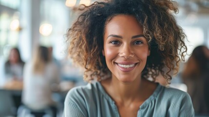 Bright and cheerful portrait of a young woman with curly hair, smiling in a sunlit cafe with a blurred background. - obrazy, fototapety, plakaty