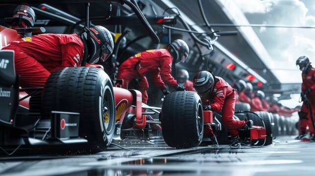 Pit crews in action required to quickly change tires in a Formula 1 pit lane
