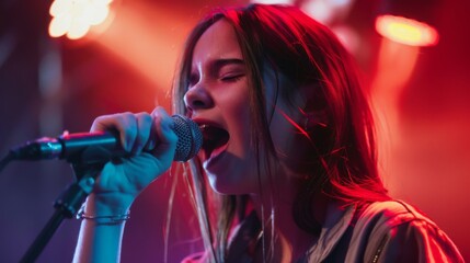 Talent and artistry of a young woman singing into a microphone