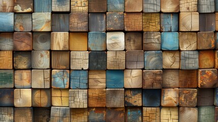 Abstract arrangement of 3d wooden cubes in rustic stack for textured backdrop setting
