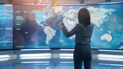 Female News Reporter Presenting Global News, A female reporter gestures to a digital world map on a screen while presenting the latest global news in a modern broadcast studio. - obrazy, fototapety, plakaty
