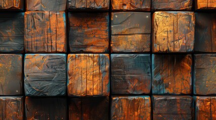 Abstract arrangement of 3d wooden cubes with rustic texture for a unique backdrop